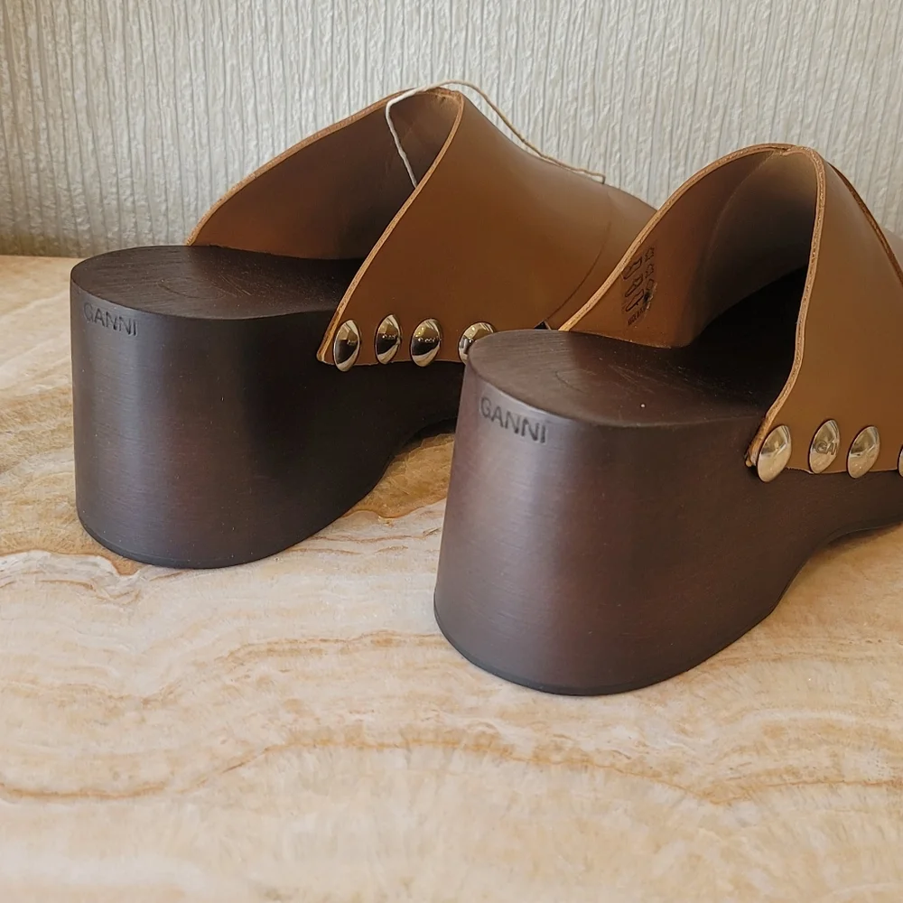 Final Price Ganni Retro Leather Platform Clogs Mules Sandal Tigers Eye MSRP $575 - Picture 14 of 17